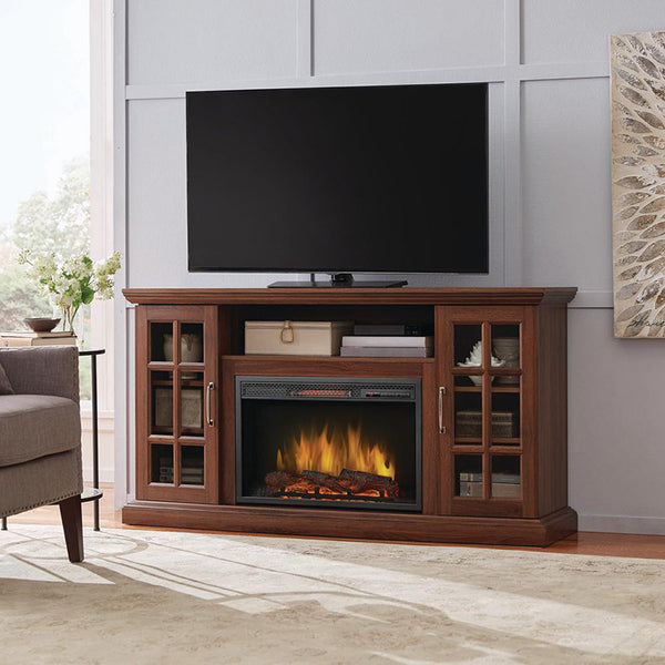 DEMO ONLY Brown French Door Fireplace Media Console