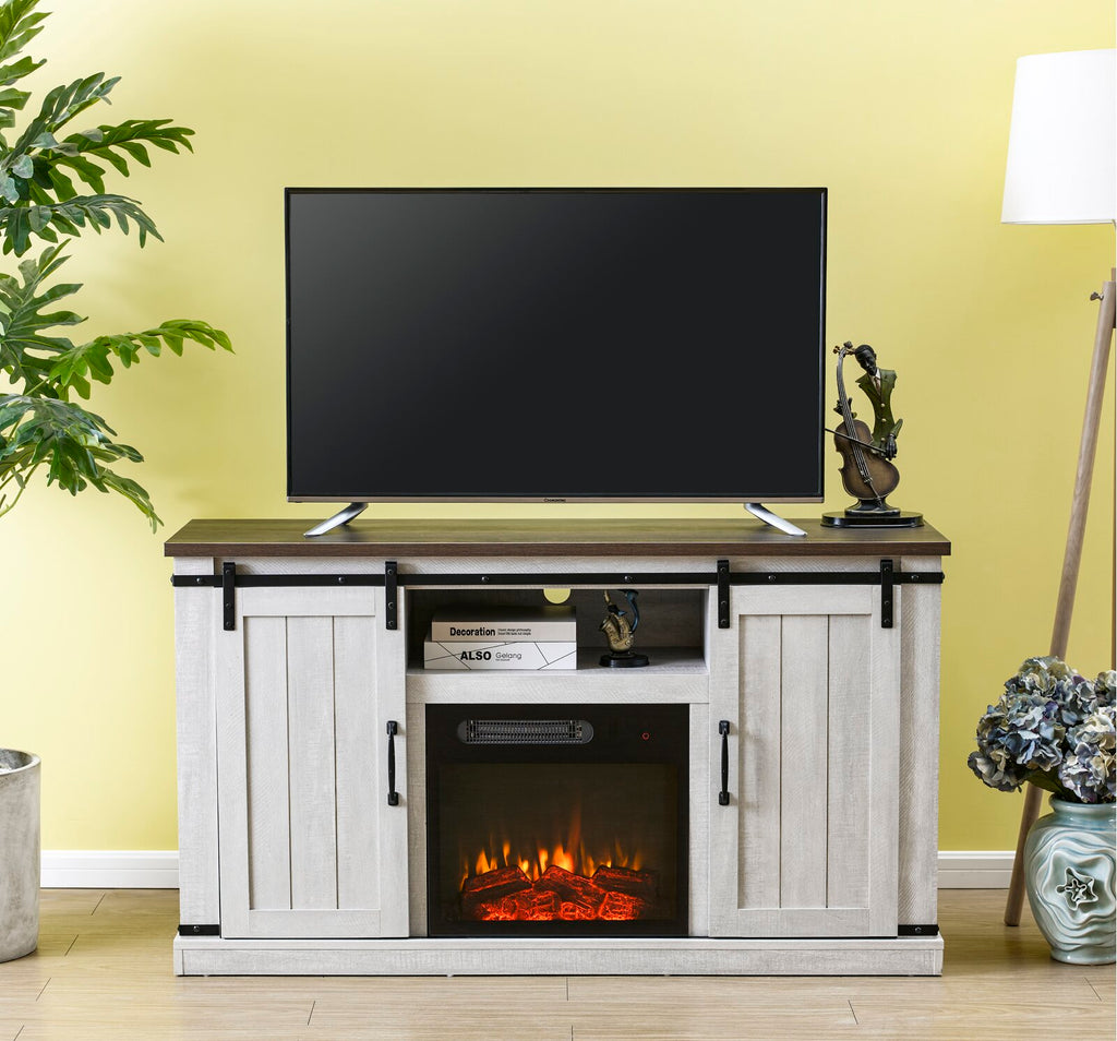 White barn door tv deals stand with fireplace